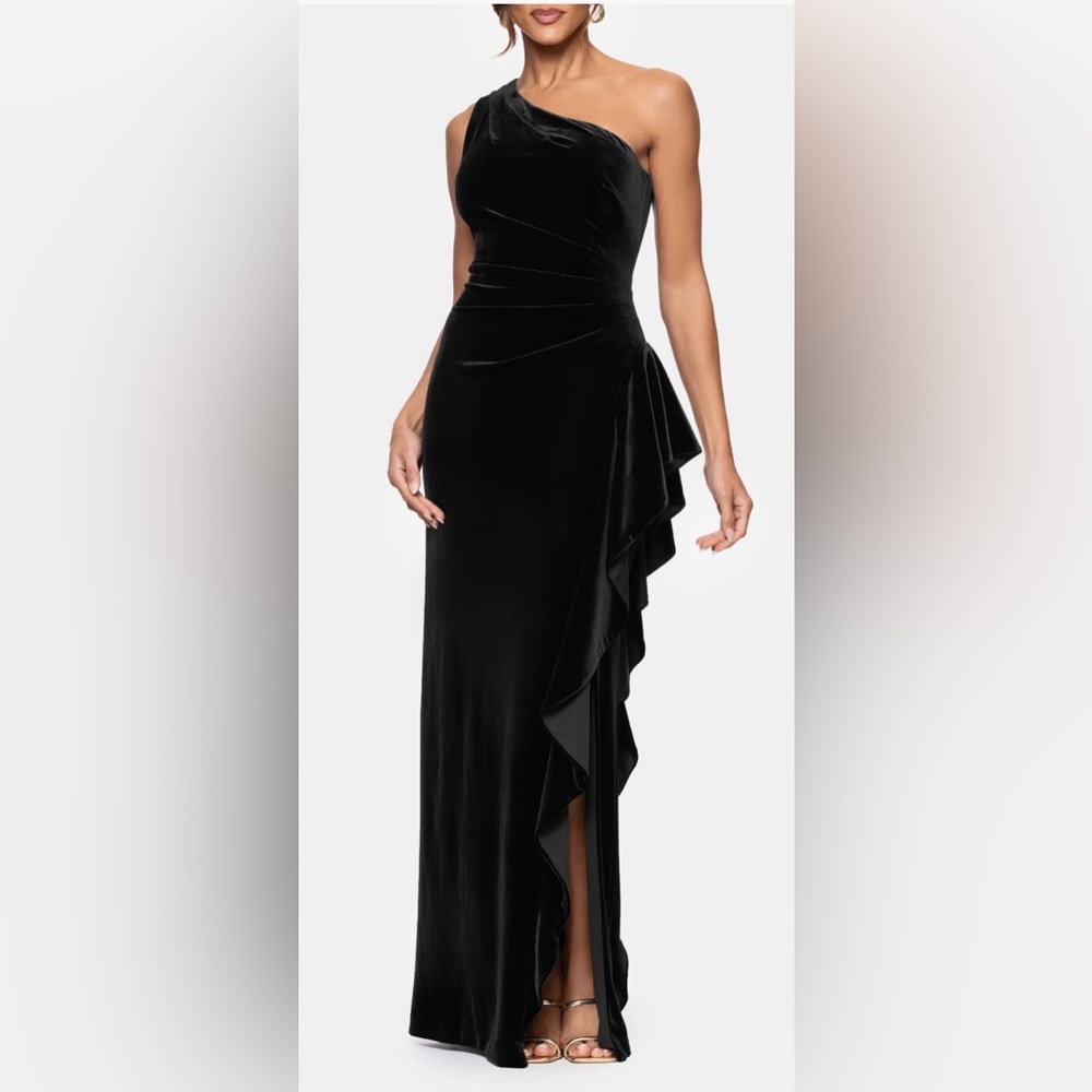 Xscape Evenings Black Velvet One Shoulder Ruffle Stretch Gown Size:6 $219